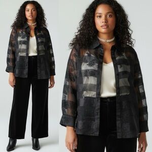 Bob Makie Wearable Art Silk Embroidered Sheer Striped Button Down Shirt 24W 3X